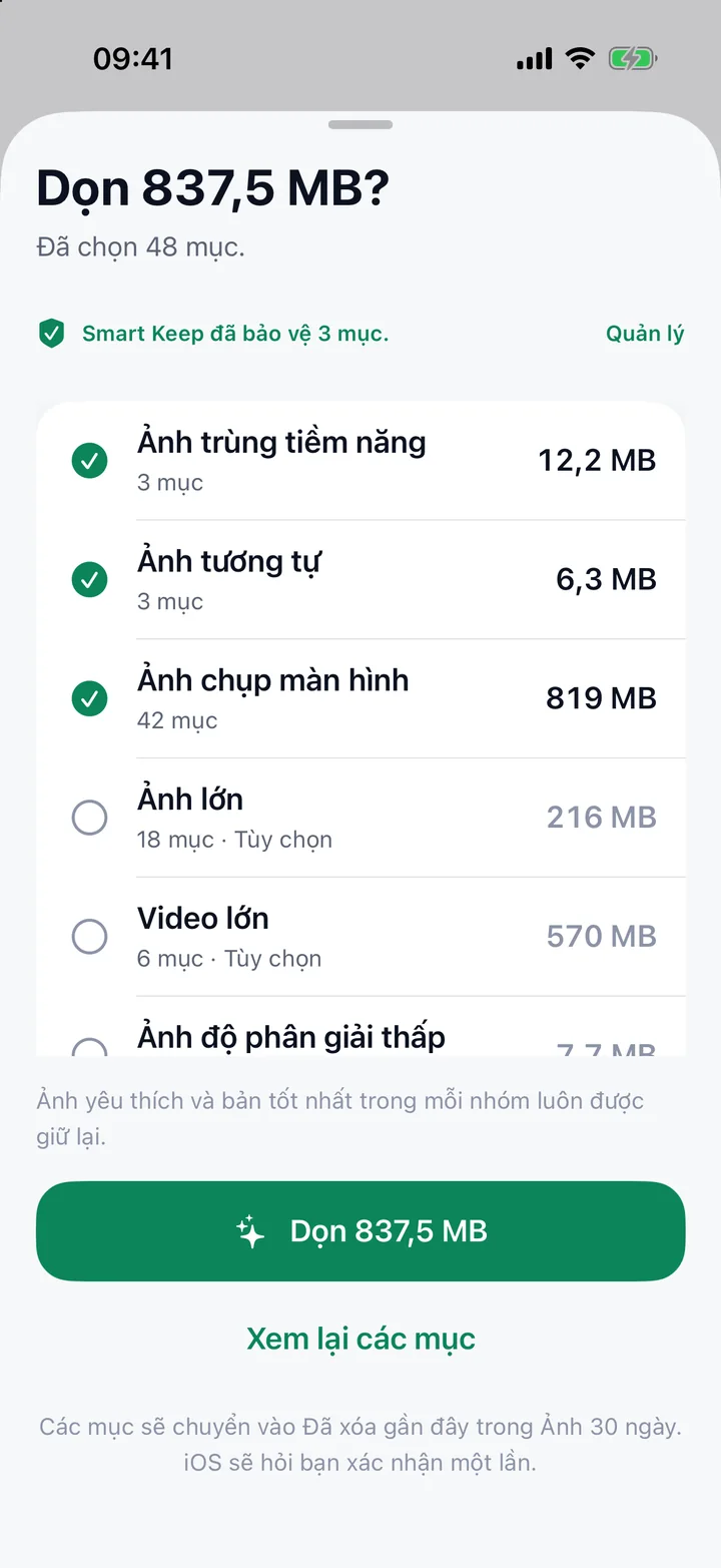 Bảng xác nhận liệt kê những gì sẽ được dọn theo từng nhóm