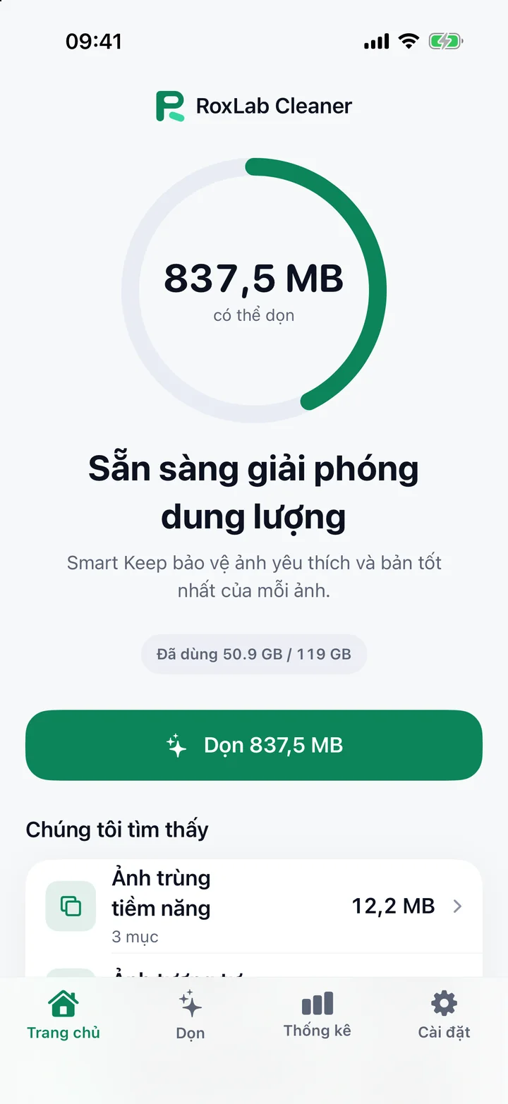 Màn hình chính của RoxLab Cleaner cho biết dung lượng có thể dọn và nút Dọn