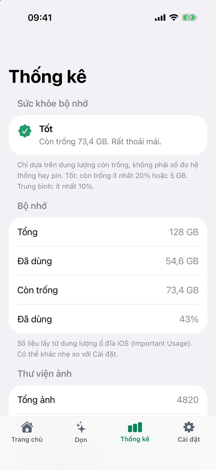 Thống kê hiển thị Sức khỏe bộ nhớ và dung lượng thiết bị