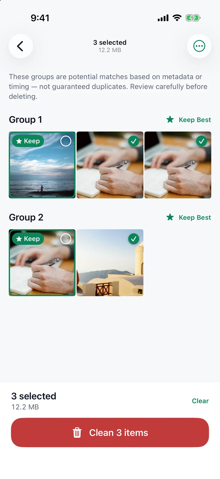 Review screen with duplicate photos grouped and the best copy marked Keep