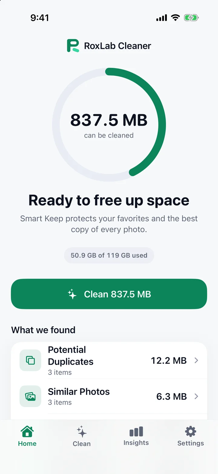 RoxLab Cleaner Home showing how much space can be cleaned and a Clean button