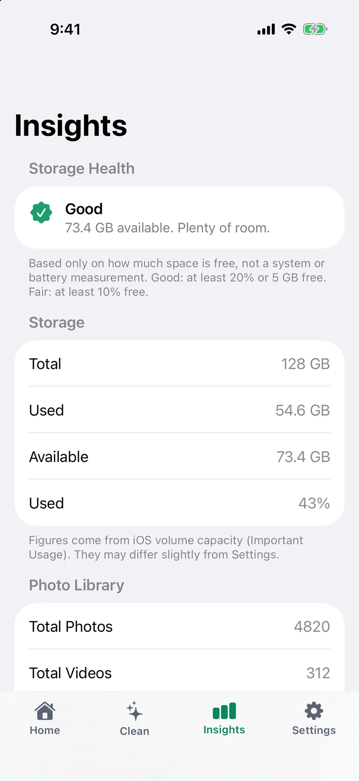 Insights showing Storage Health and device storage