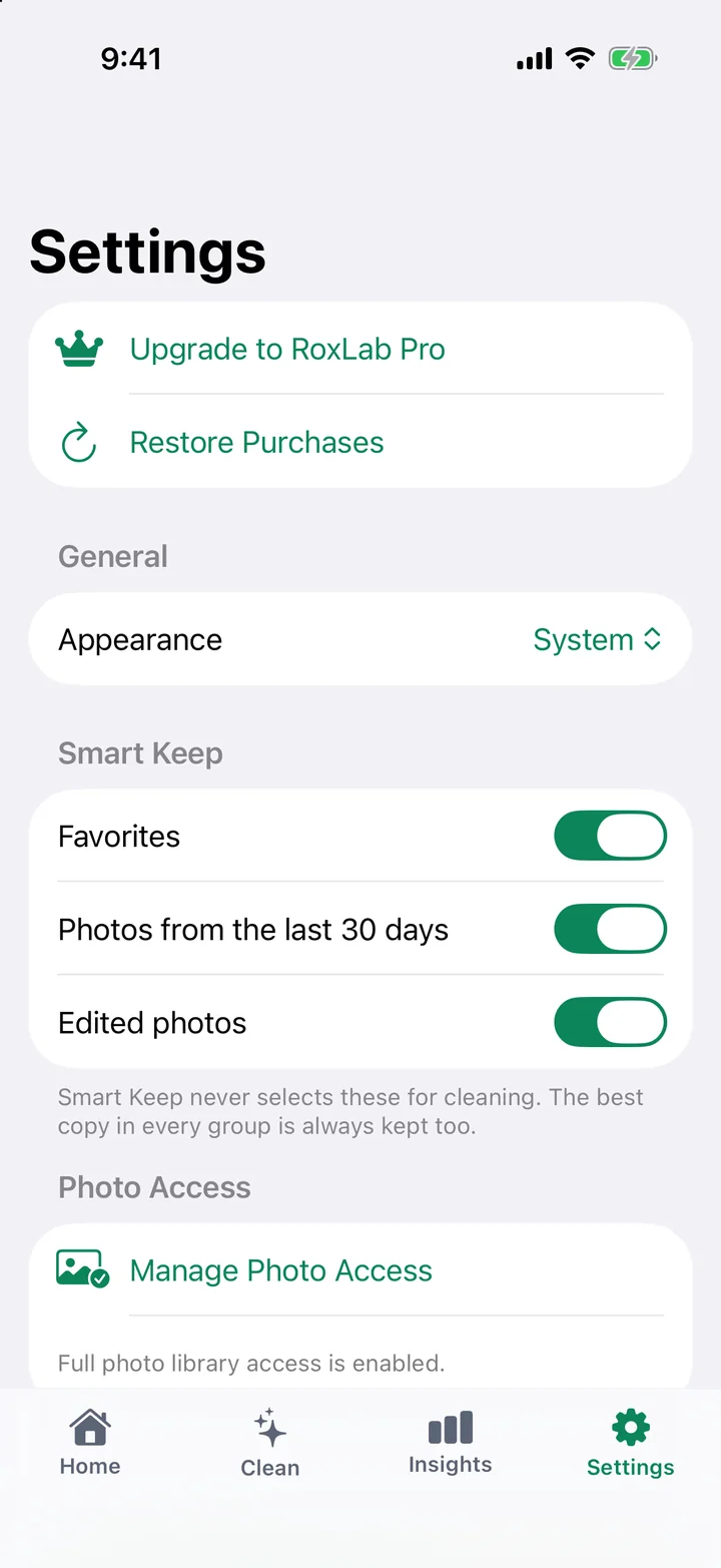 Settings with Smart Keep protecting favorites, recent and edited photos